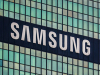 Samsung logo is seen on a building in Warsaw, Poland on January 19, 2023. (