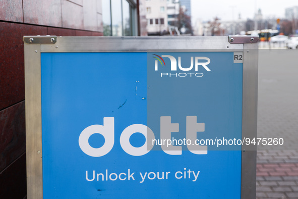 Dott logo is seen on a cargo electric bike in Warsaw, Poland on January 19, 2023. 