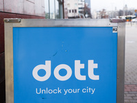 Dott logo is seen on a cargo electric bike in Warsaw, Poland on January 19, 2023. (