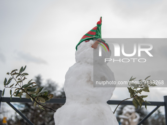 A snowman is seen after a snowfall in L'Aquila, Italy, on January 23, 2023. Central Italy is involved in a bad weather wave which is bringin...