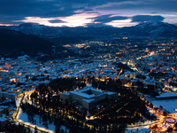 Forte Spagnolo castle is seen in a blue hour aerial drone view after a snowfall in L'Aquila, Italy, on January 23, 2023. Central Italy is in...