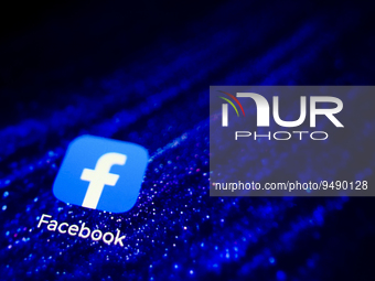 Facebook app logo is displayed on a mobile phone screen for illustration photo. Krakow, Poland on January 23, 2023. (