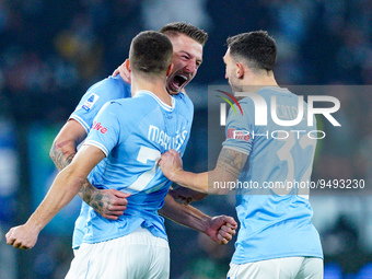 Sergej Milinkovic-Savic of SS Lazio celebrates after scoring first goal during the Serie A match between SS Lazio and AC Milan at Stadio Oli...