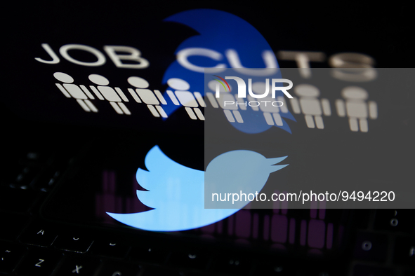 'Job cuts' sign and stick figures image displayed on a laptop screen and Twitter logo displayed on a phone screen are seen in this illustrat...