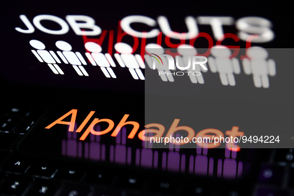 'Job cuts' sign and stick figures image displayed on a laptop screen and Alphabet logo displayed on a phone screen are seen in this illustra...