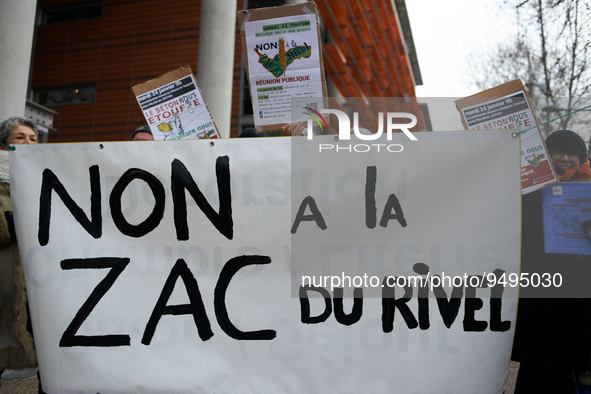 The banner reads 'No to the Rivel's ZAC'. Opponents to the 'ZAC du Rivel' (ie Rivel's joint development zone) near Toulouse gathered in fron...