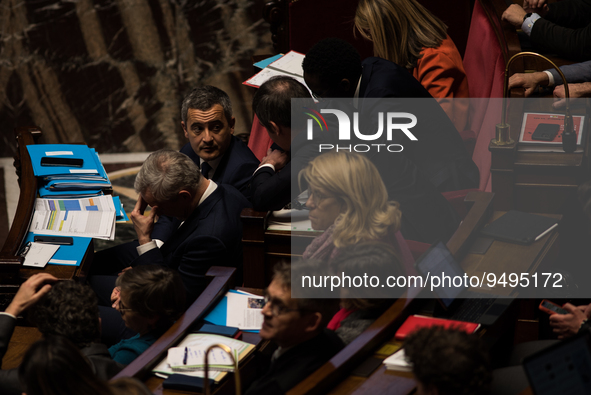 Interior Minister Gerald Darmanin between the government benches during the government question session, in Paris, Tuesday 24 January, 2023....