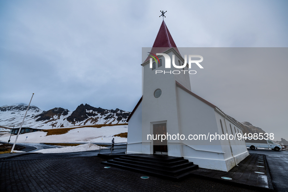 A view of the Reyniskirkja Church in Vik, Iceland, on January 24, 2023. 
