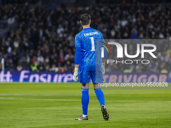 Thibaut Courtois of Real Madrid during the Copa del Rey match between Real Madrid and Atletico de Madrid at Estadio Santiago Bernabeu in Mad...