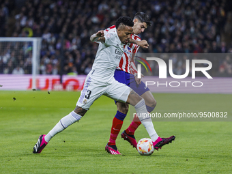 Eder Militao of Real Madrid in action with Alvaro Morata of Atletico de Madrid during the Copa del Rey match between Real Madrid and Atletic...