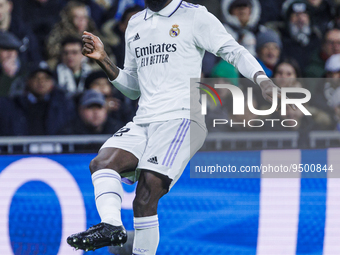 Antonio Rudiger of Real Madrid in action during the Copa del Rey match between Real Madrid and Atletico de Madrid at Estadio Santiago Bernab...
