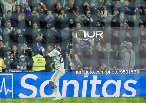 Vinicius Junior celebrate a goal during the Copa del Rey match between Real Madrid and Atletico de Madrid at Estadio Santiago Bernabeu in Ma...