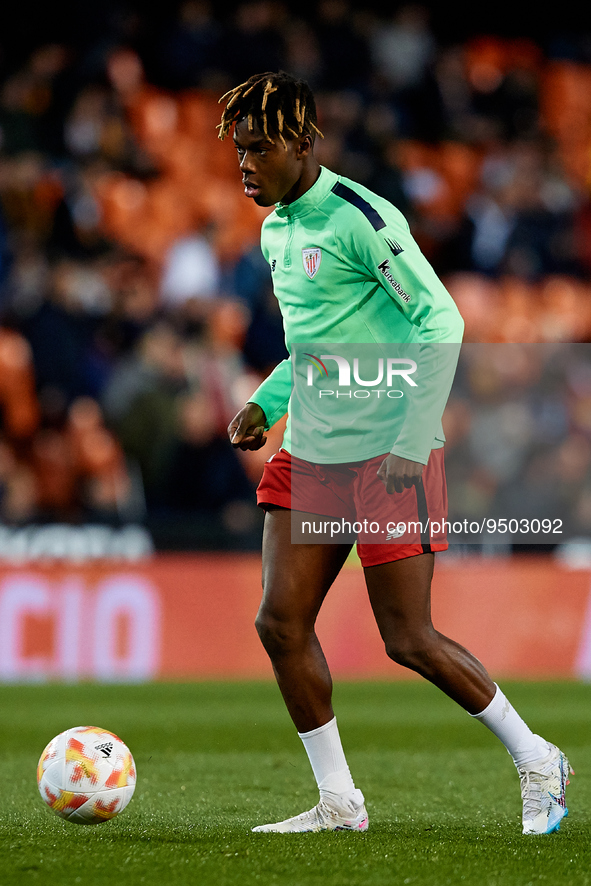 Nico Williams of Athletic Club in action prior to the Copa del Rey Quarter Final match between Valencia CF and Athletic Club at Mestalla sta...