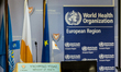 The Ministry of Health's podium is seen with the WHO banner on the background, Nicosia, Cy...