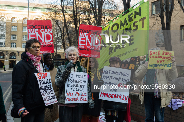 LONDON, UNITED KINGDOM - FEBRUARY 07, 2023: Activists protest outside Southwark Crown Court as sentencing trial of former Metropolitan Polic...