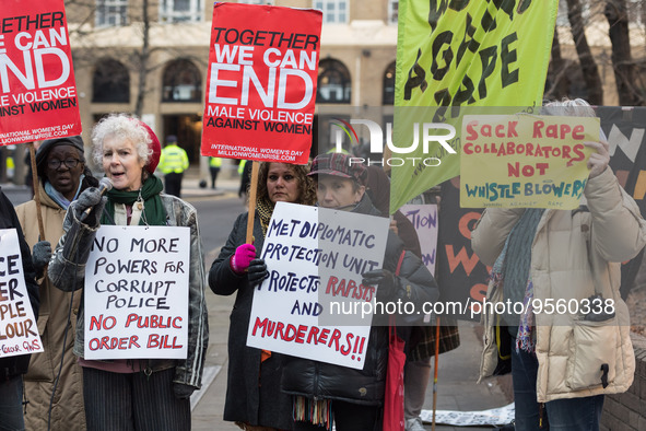 LONDON, UNITED KINGDOM - FEBRUARY 07, 2023: Activists protest outside Southwark Crown Court as sentencing trial of former Metropolitan Polic...