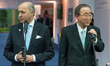 UN general secretary Ban Ki-moon (R) and French Foreign Affairs minister Laurent Fabius (L...