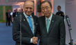 UN general secretary Ban Ki-moon (R) and French Foreign Affairs minister Laurent Fabius (L...