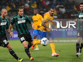 Shoots during the Serie A football match between Sassuolo and Juventus at MAPEI stadium in Reggio Emilia, Italy, on April 28, 2014. Juventus...