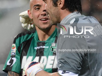 Buffon and Simone Zaza during the Serie A football match between Sassuolo and Juventus at MAPEI stadium in Reggio Emilia, Italy, on April 28...