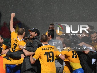 Juventus celebrate the win during the Serie A football match between Sassuolo and Juventus at MAPEI stadium in Reggio Emilia, Italy, on Apri...