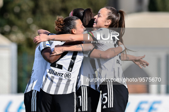 Juventus FC players celebrate after a goal during the Italian football Serie A Women match ACF Fiorentina vs Juventus FC on February 11, 202...