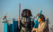 A giant paper-mache carnival representing Star Wars and Darth Vader as Stalin,  float move...