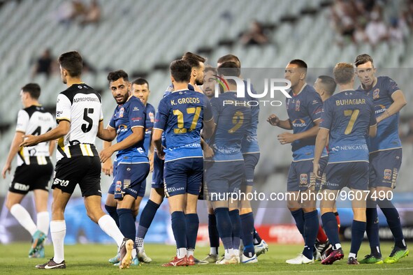 Trent Buhagiar of the Jets celebrates with teammates after scoring a goal during the round 17 A-League Men's match between Macarthur FC and...