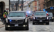 US presidential cars Cadillac One drive the street during US President Joe Biden visit in...