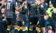 Emiliano Buendia #10 of Aston Villa celebrates his goal with team-mates during the Premier...