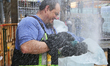 Man uses a power tool to carve an ice sculpture of a centaur out of blocks of solid ice du...