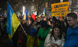 KRAKOW, POLAND - FEBRUARY 24:Members of the Ukrainian diaspora stand outside the Russian...