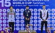 Gold medalist Carlos Edriel Yulo (C) of Philippines, silver medalist  Kazuki Minami (L) of...