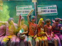Children's are seen celebrating the festival of Holi  in Kolkata , India , on 5 march 2023 ,with colored powder called ''Abir'' . Holi , als...