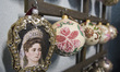 Christmas balls hanging on the wall in Christmas glass balls factory "Silverado" in Jozefo...