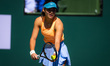 Emma Raducanu of Great Britain in action during the first round of the 2023 BNP Paribas Op...