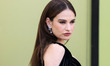 English actress Lily James arrives at the Versace Fall/Winter 2023 Fashion Show held at th...