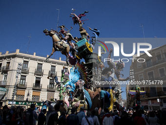 This photograph shows a 'falla' (a huge ornate cardboard sculpture made to eventually be burnt) during the Fallas festival in Valencia.  Th... by Jose Miguel Fernandez/NurPhoto