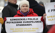 Family and supporters are seen rallying in front of the Swedish embassy in Warsaw, Poland...