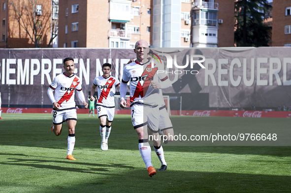 Isi Palazon of Rayo Vallecano celebrates his goal during a match between Rayo Vallecano v Girona FC as part of LaLiga in Madrid, Spain, on M...