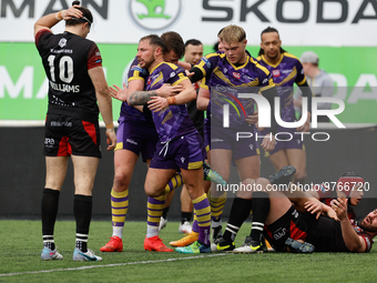 Thunder players celebrate Jack Miller's try during the BETFRED Championship match between Newcastle Thunder and London Broncos at Kingston P...