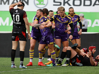 Thunder players celebrate Jack Miller's try during the BETFRED Championship match between Newcastle Thunder and London Broncos at Kingston P...
