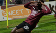 Boulaye Dia of US Salernitana  rejoice afer scoring a goal of 2-1  during the Serie A matc...