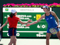 Shuko Aoyama of Japan &amp; Ena Shibahara of Japan in action during the doubles semi-final of the 2023 BNP Paribas Open, WTA 1000 tennis tou...