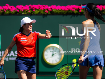 Shuko Aoyama of Japan &amp; Ena Shibahara of Japan in action during the doubles semi-final of the 2023 BNP Paribas Open, WTA 1000 tennis tou...