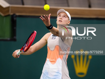 Elena Rybakina of Kazakhstan in action against Iga Swiatek of Poland during the semi-final of the 2023 BNP Paribas Open, WTA 1000 tennis tou...