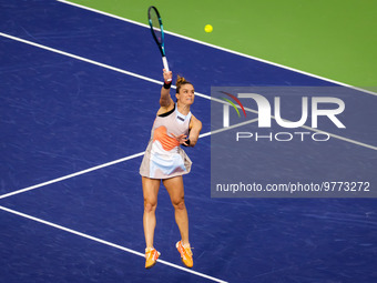 Maria Sakkari of Greece in action against Aryna Sabalenka of Belarus during the semi-final of the 2023 BNP Paribas Open, WTA 1000 tennis tou...