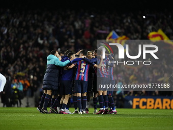 Barcelona players celebrate victory after the La Liga Santander match between FC Barcelona and Real Madrid CF at Spotify Camp Nou on March 1...