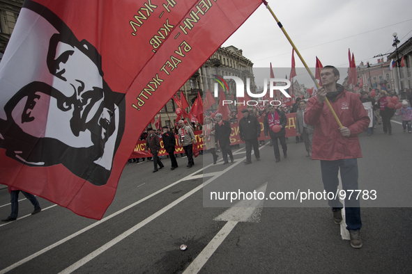 Russian leftists parade during May Day celebrations in Saint Petersburg, Russia, on May 1, 2014. 