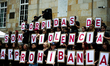Animal rights activists take part in a demonstration against bullfighting demanding the la...